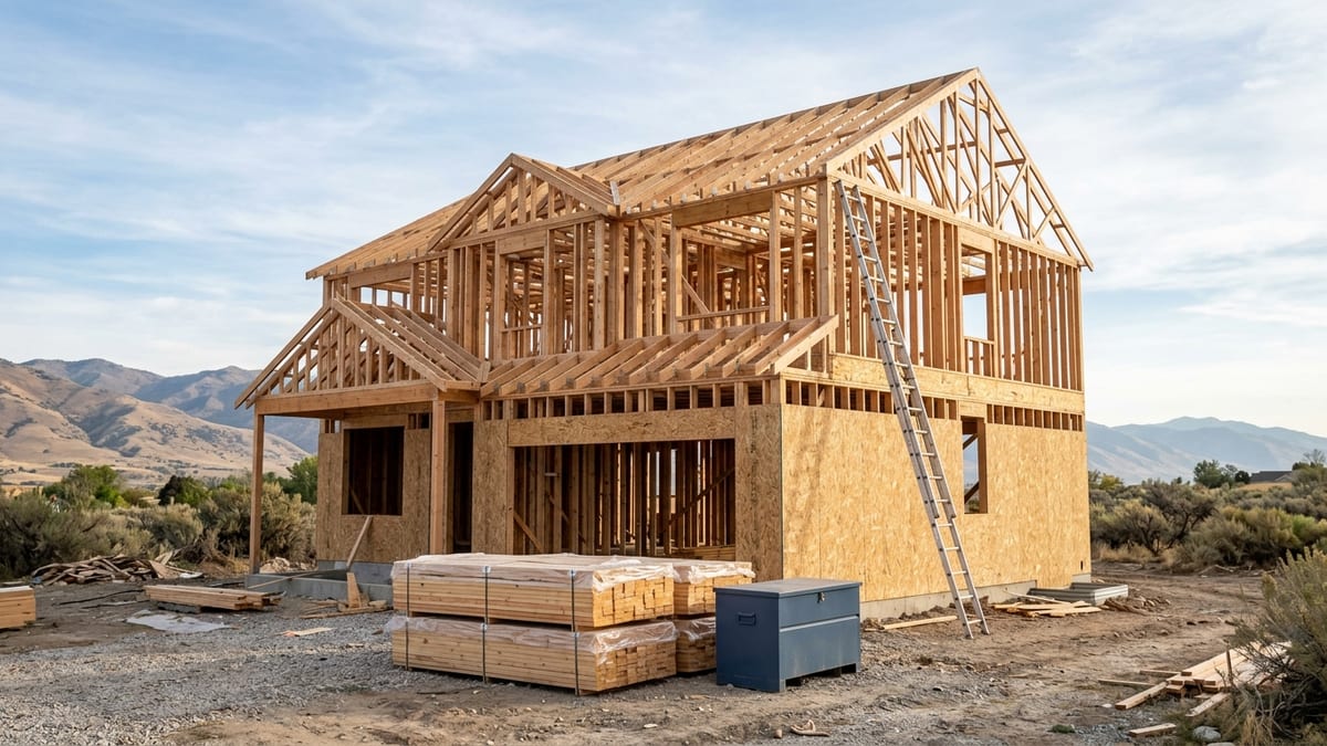 A two-storey house at the framing stage, with timber studs and roof trusses up, sheathing part-way on the lower walls, a ladder against the frame and stacked lumber in the foreground