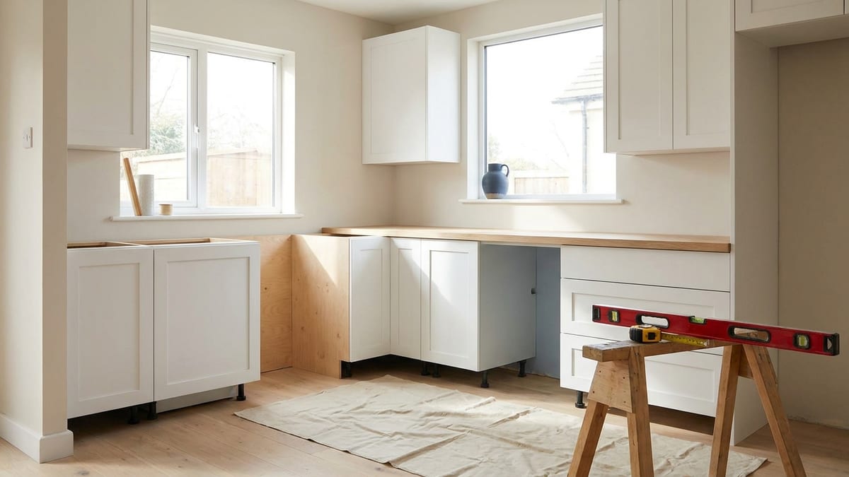 A kitchen part way through renovation: new white cabinet boxes along one wall, a bare plywood run beside them, a drop cloth and a level on a sawhorse