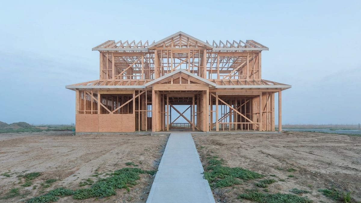 A new home at the framing stage at the end of a concrete walkway, its timber walls and roof trusses standing against a pale morning sky