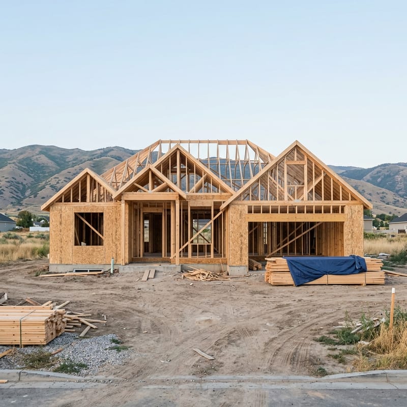 A single-storey house under construction on a graded lot, its timber frame and roof trusses up and sheathing part-way on, with foothills behind and lumber stacked under a navy tarp