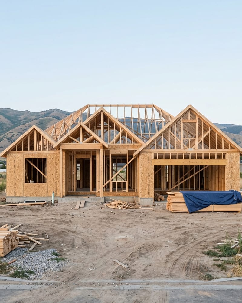 A single-storey house under construction on a graded lot, its timber frame and roof trusses up and sheathing part-way on, with foothills behind and lumber stacked under a navy tarp