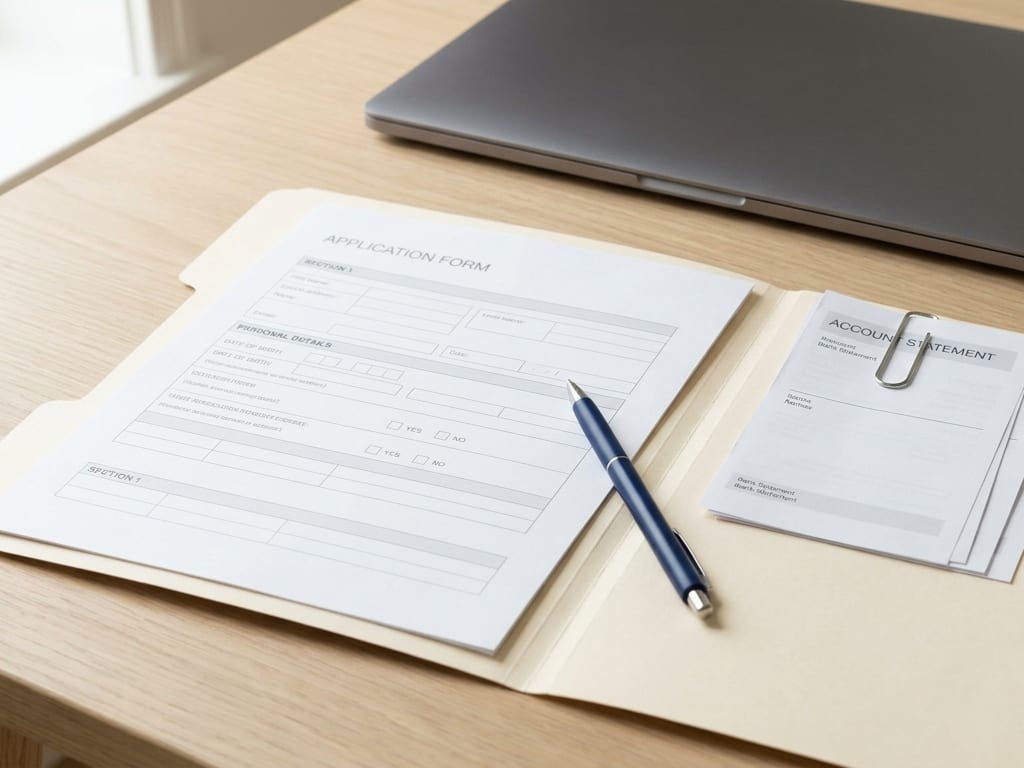 A manila folder open on a pale oak desk with a blank application form on top, a navy pen resting across it, a paper-clipped stack of bank statements and a closed laptop beside it