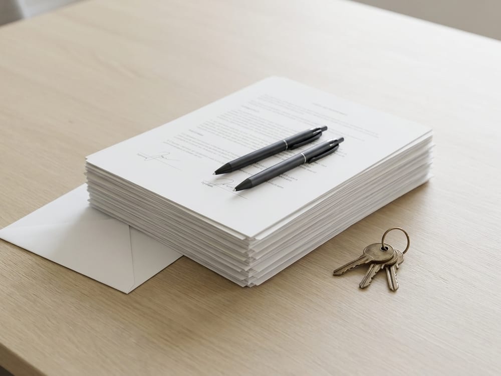 A signed closing document stack with two pens and a set of house keys on a table