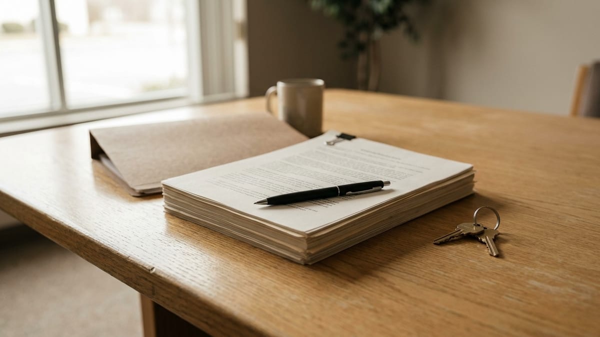 A stack of closing paperwork on a table with a pen across the top page and house keys beside it