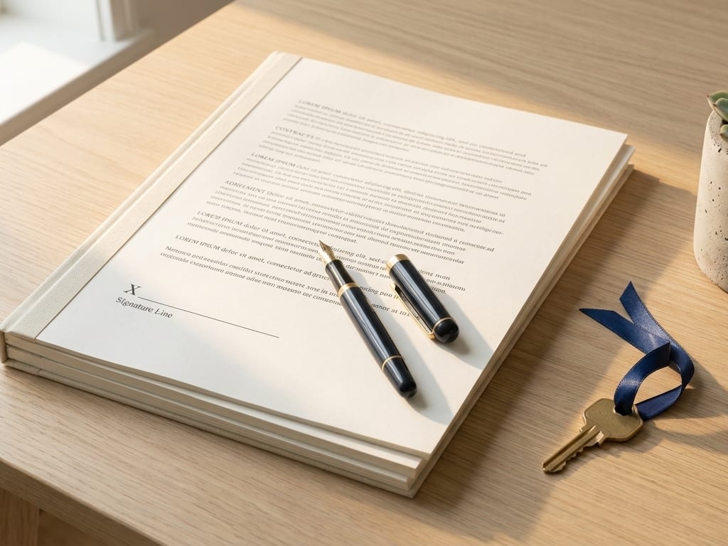 A neat stack of closing documents on a pale oak table with a fountain pen resting on the signature line, a brass house key on a navy ribbon and a small potted succulent beside it