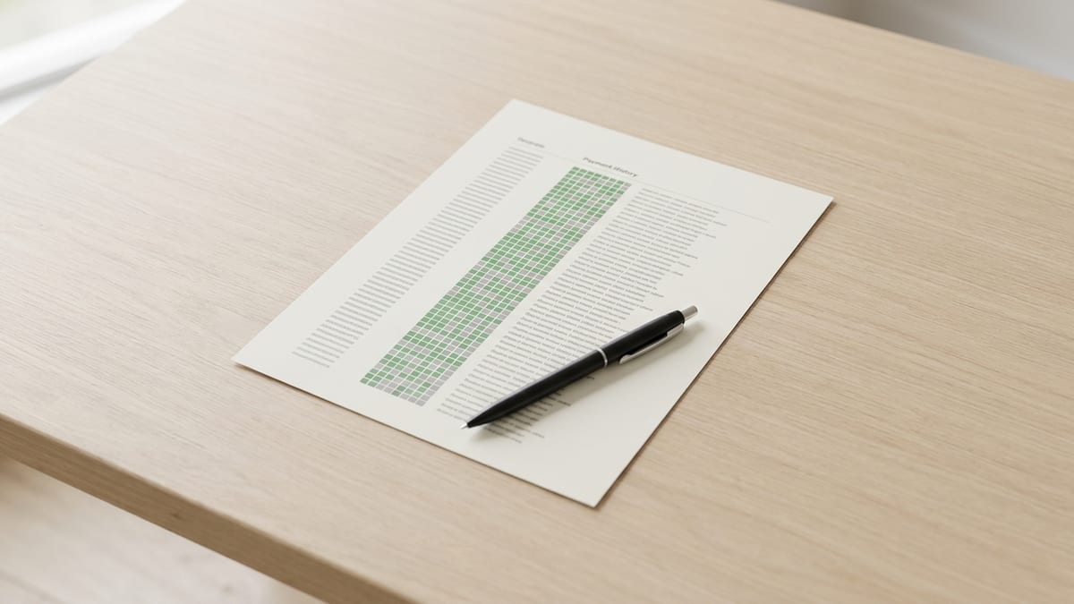 A printed credit report showing a column of on-time payment markers