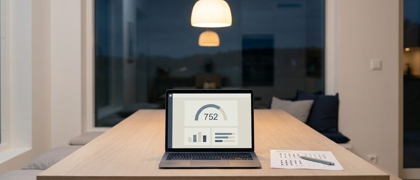 A laptop on a kitchen table showing a credit score summary beside a printed worksheet