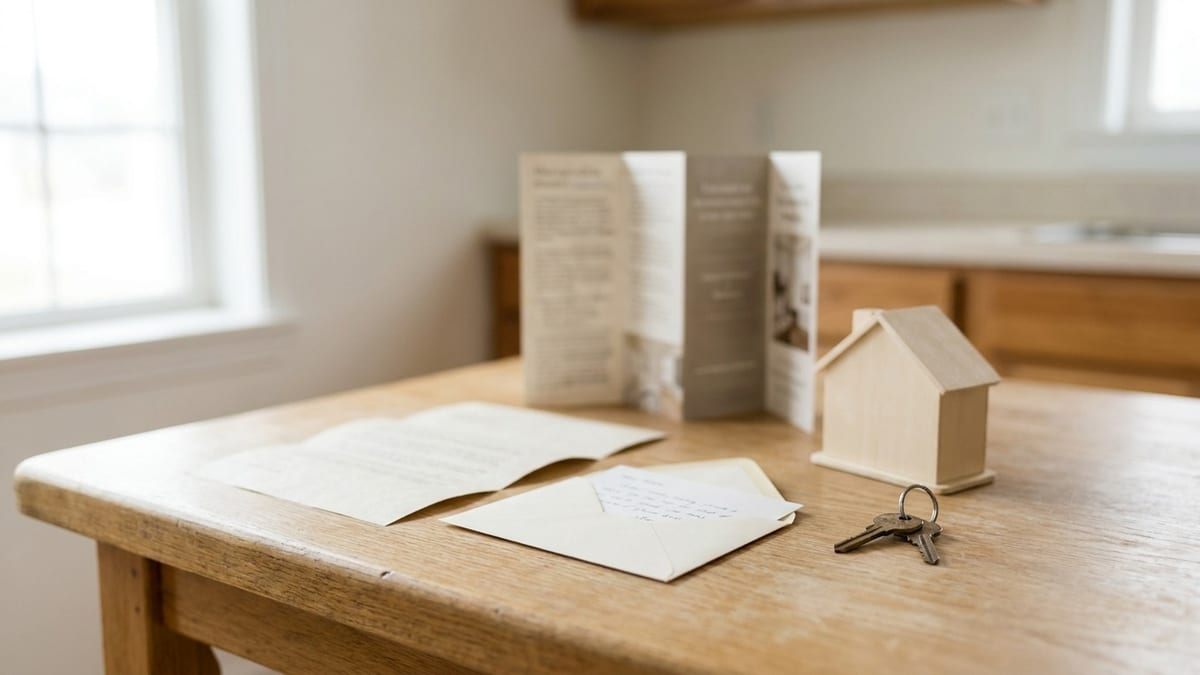 A bank statement, a handwritten gift letter, an assistance brochure and house keys on a kitchen table