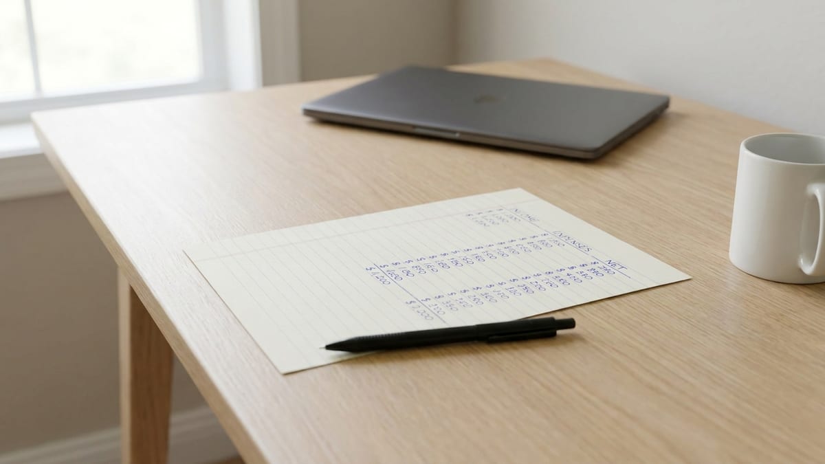 A handwritten worksheet listing income, monthly debts and savings in three columns