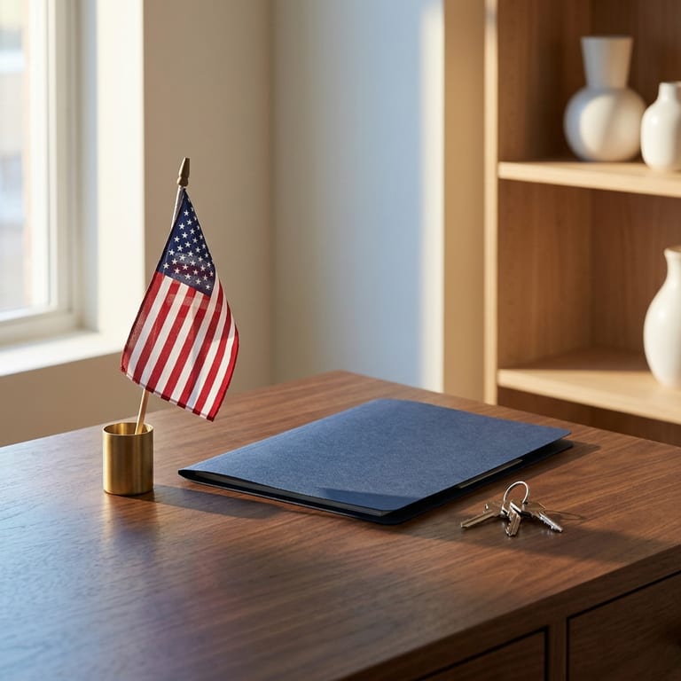A small United States flag in a brass desk holder beside a closed navy document folder and a set of house keys on a walnut desk