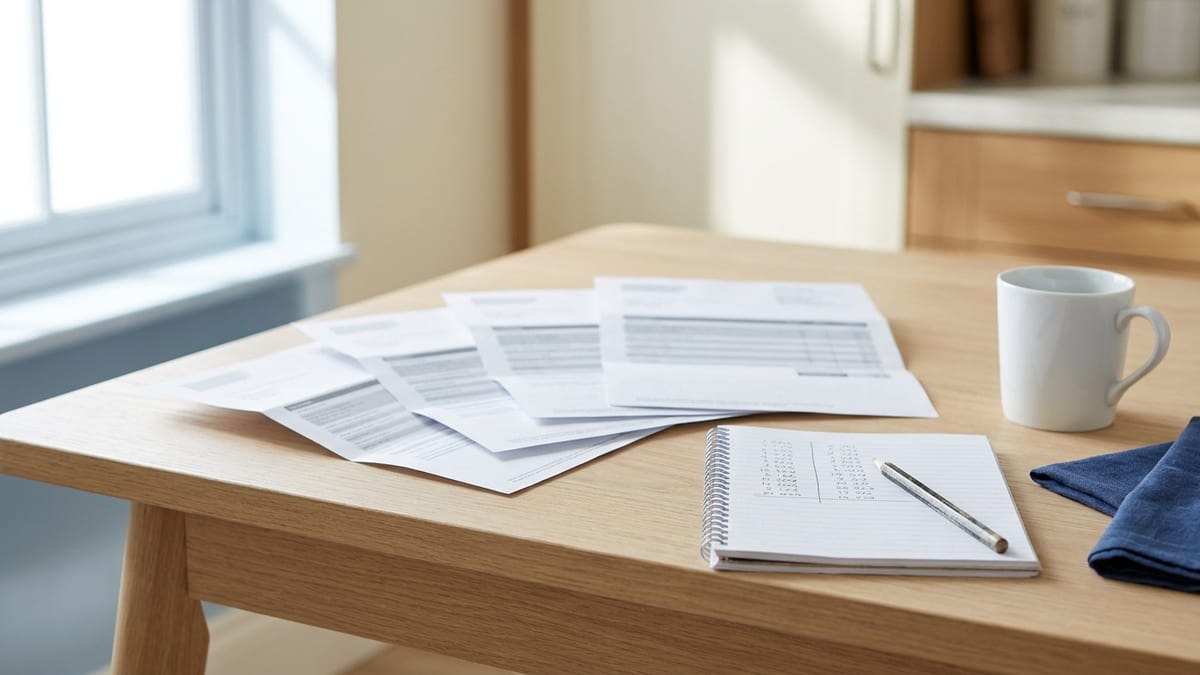 Four household statements fanned out on a kitchen table beside an open notebook of handwritten figures, a pencil and a mug, in bright daylight