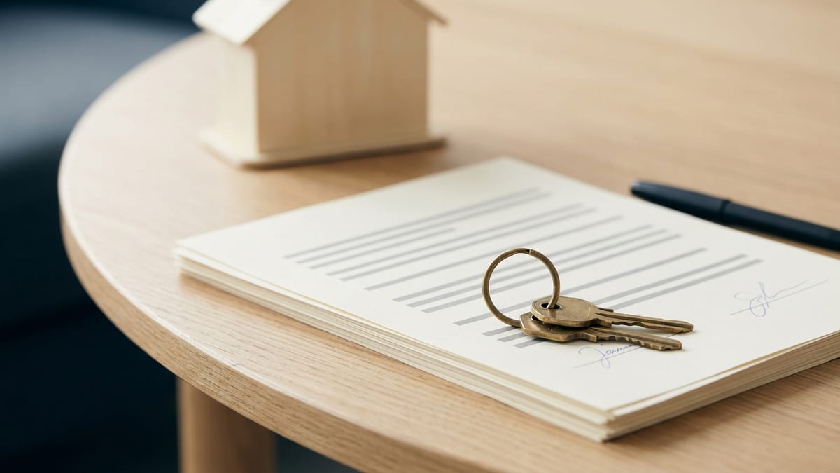Two brass house keys on a ring resting on a stack of signed closing paperwork, a pen and a small wooden model house beside them