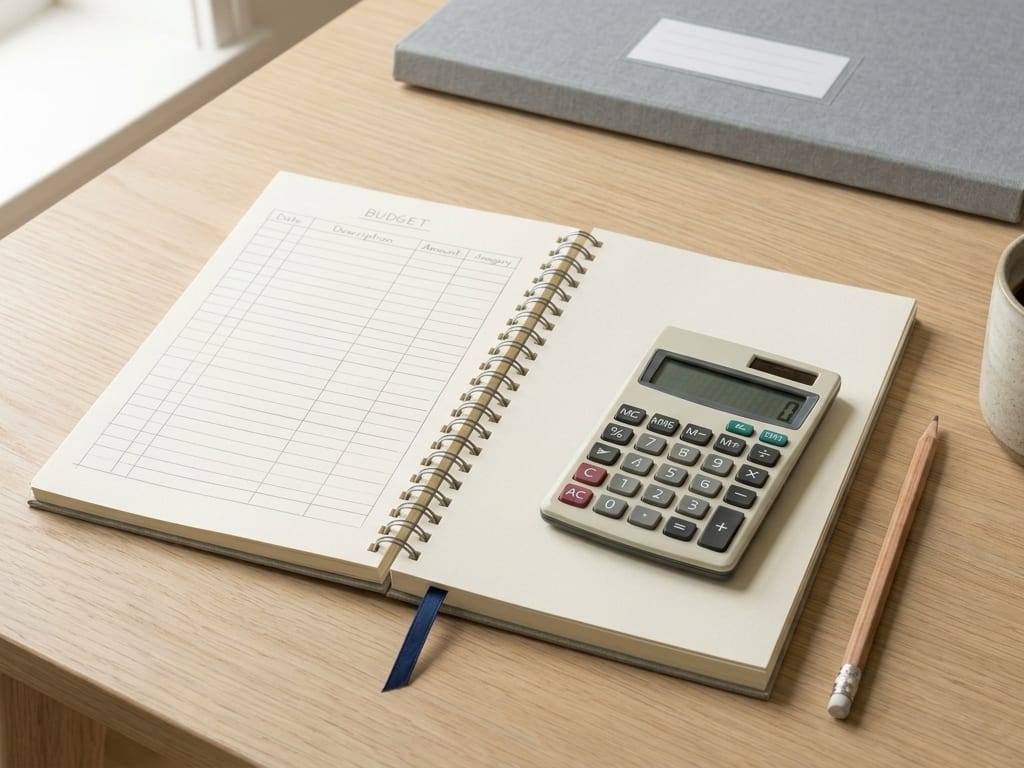 An open spiral notebook ruled into a blank budget grid, a desk calculator resting on it, a pencil and a mug of coffee on a pale oak kitchen table by a window