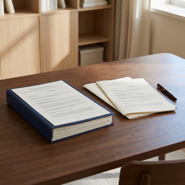 A thick navy-bound loan file lying on a walnut desk beside two much thinner stapled document sets and a fountain pen