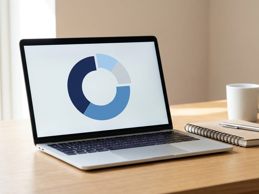 A laptop on a desk showing a monthly payment as a four-segment ring chart with one segment set apart