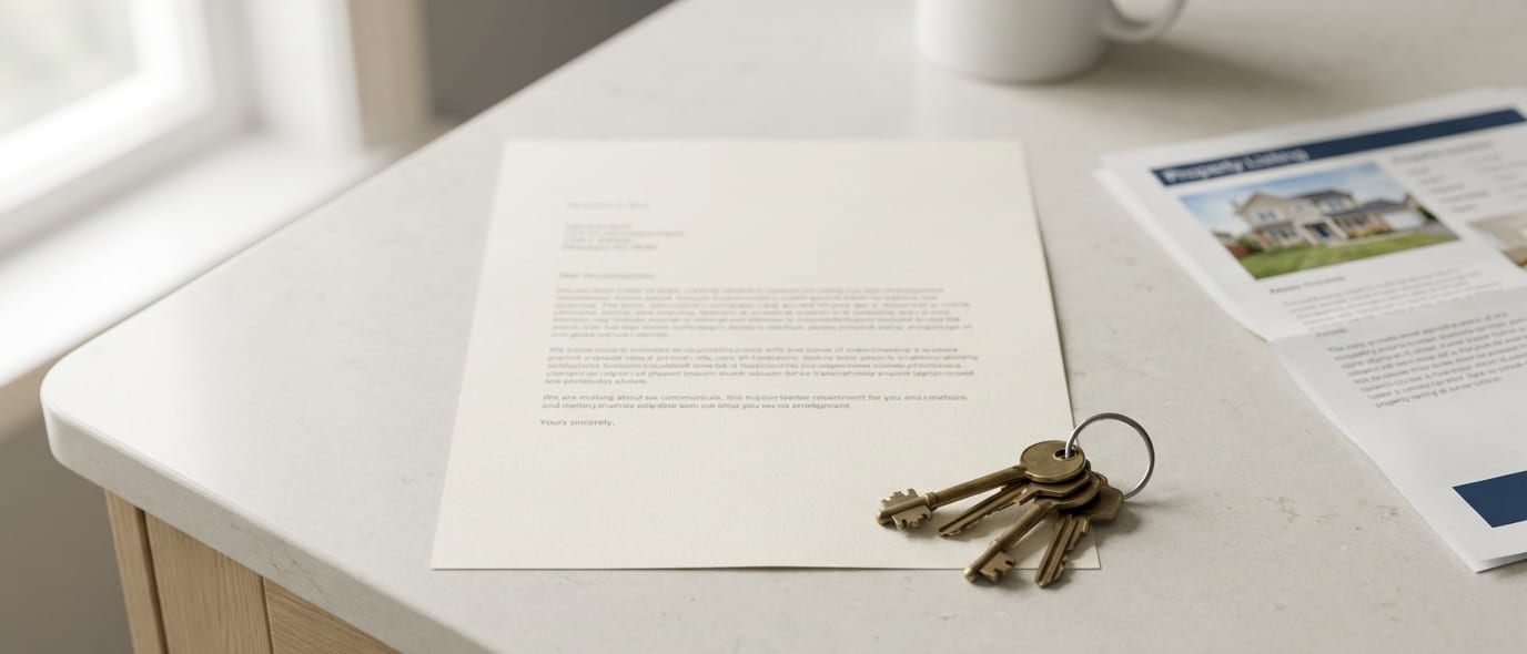 A pre-approval letter on a kitchen counter beside a printed property listing and a set of keys