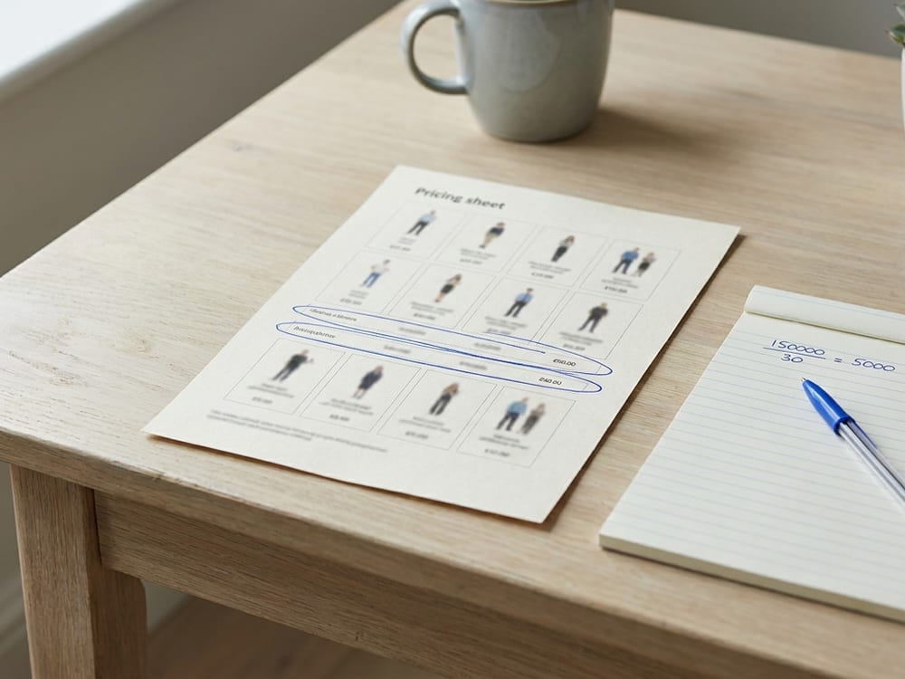 A lender rate sheet with two options circled and breakeven arithmetic handwritten on a notepad