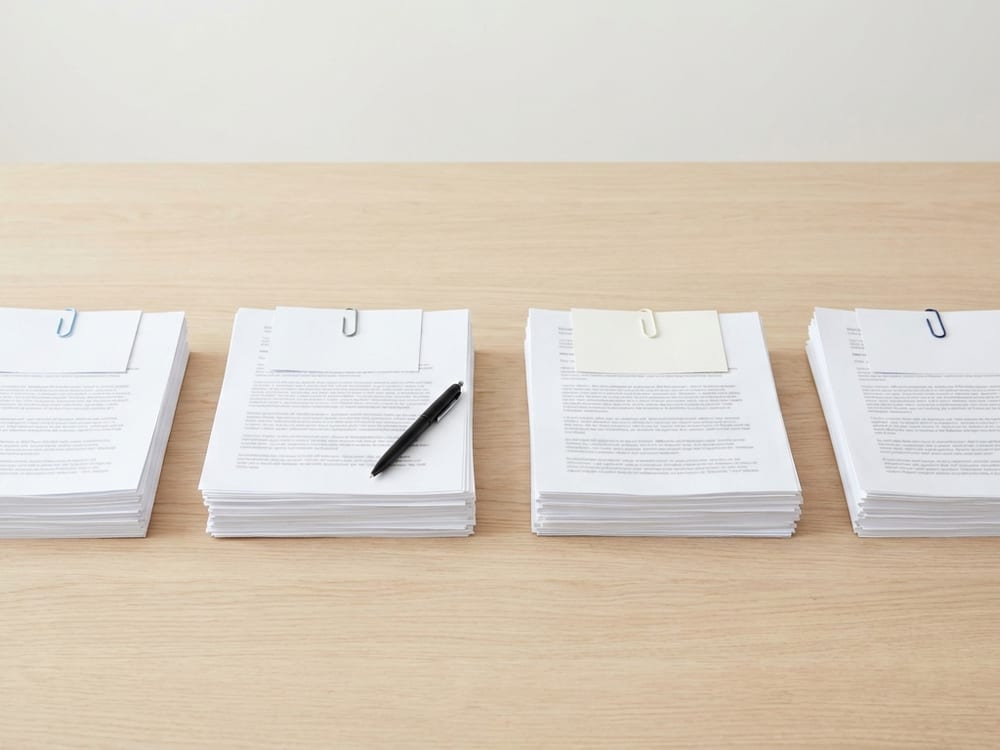 Labelled piles of personal and business tax returns, a profit and loss statement and bank statements on a table