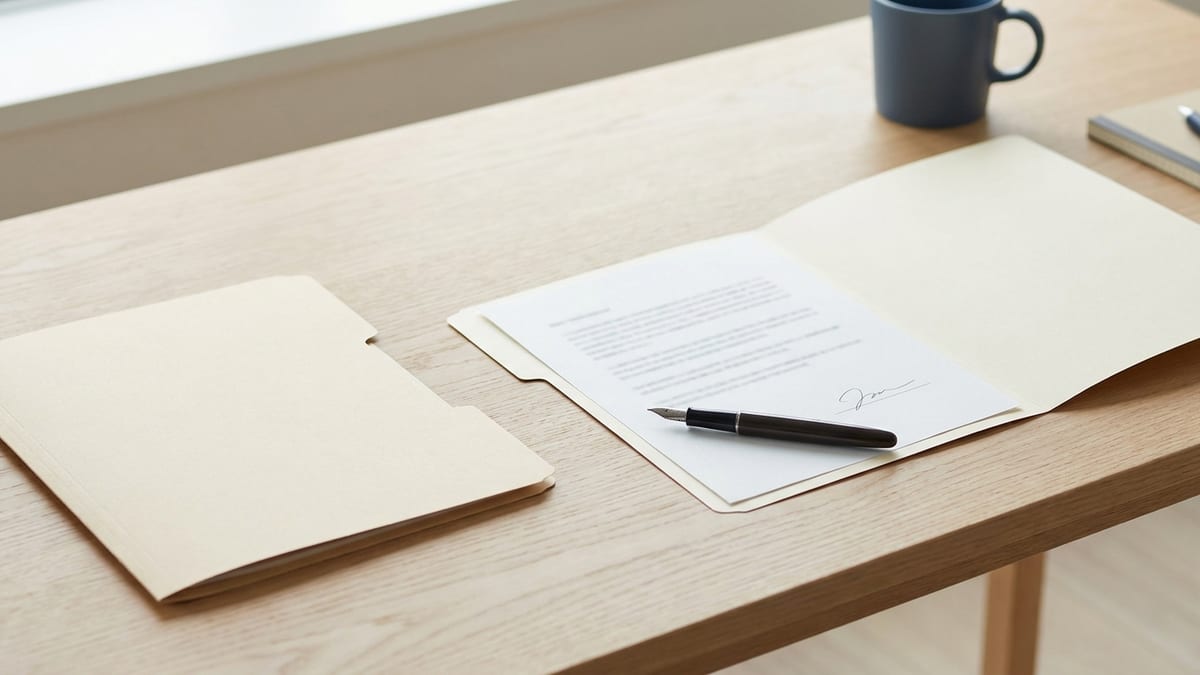 Two document folders on a pale oak table, one closed and set aside, the other open on a signed page with a fountain pen resting across it