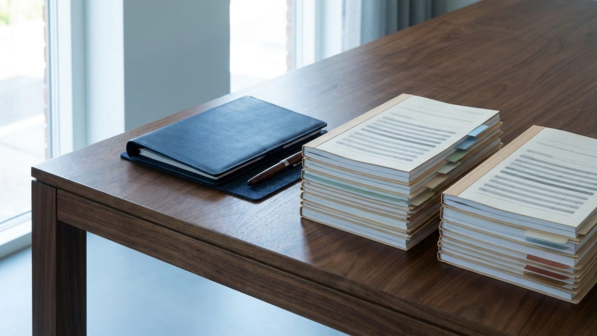 Two tall stacks of tabbed financial documents squared on a dark walnut dining table beside a navy folder and a fountain pen