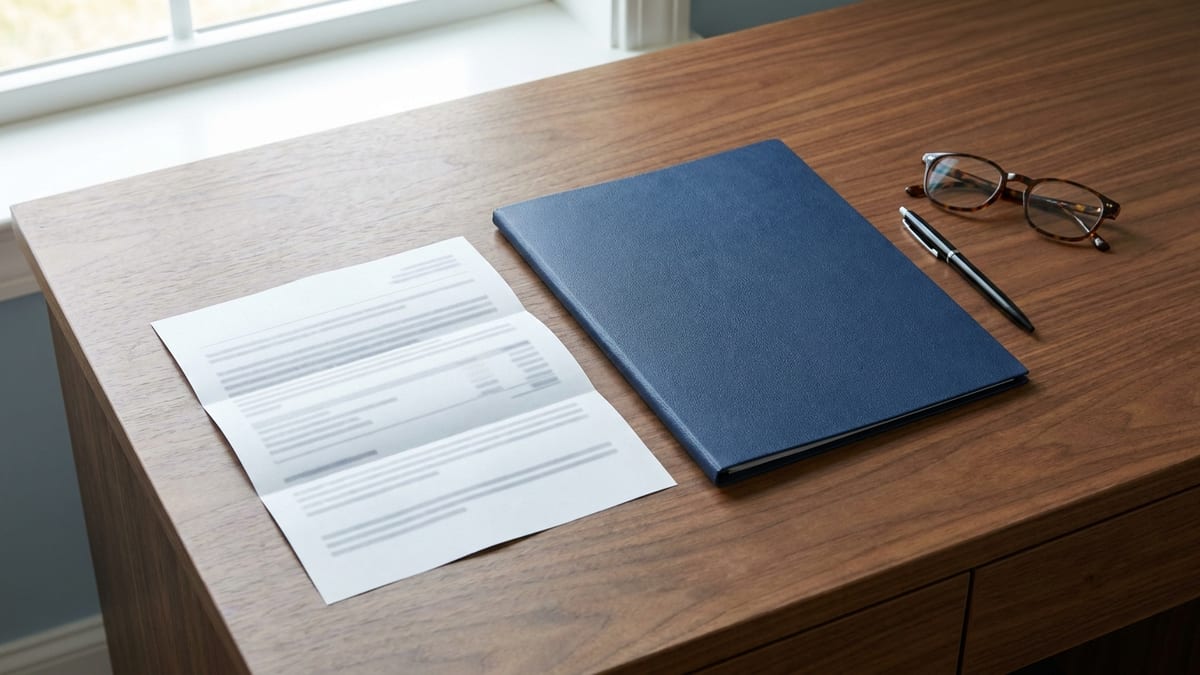 A printed mortgage statement on a walnut desk beside a navy document folder, a pen and reading glasses, in morning light from a window