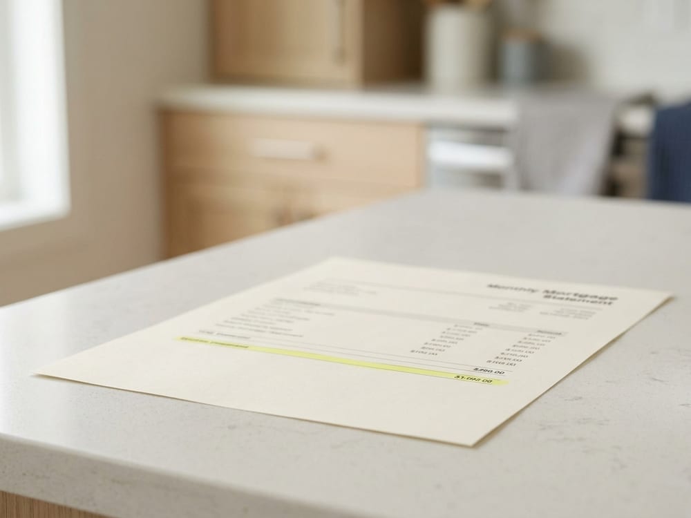 A printed mortgage statement with the mortgage insurance line highlighted in yellow