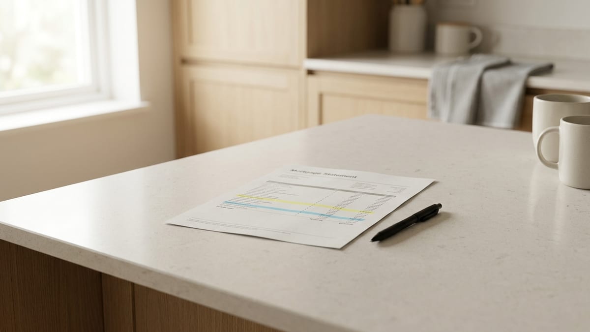 A mortgage statement with the mortgage insurance line and the balance line highlighted in two colours