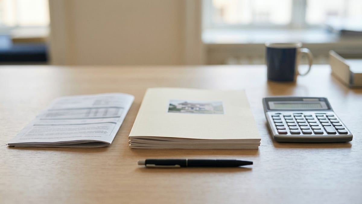 A printed statement, a stapled property report showing a photograph of a house, and a desk calculator squared side by side on a pale oak desk