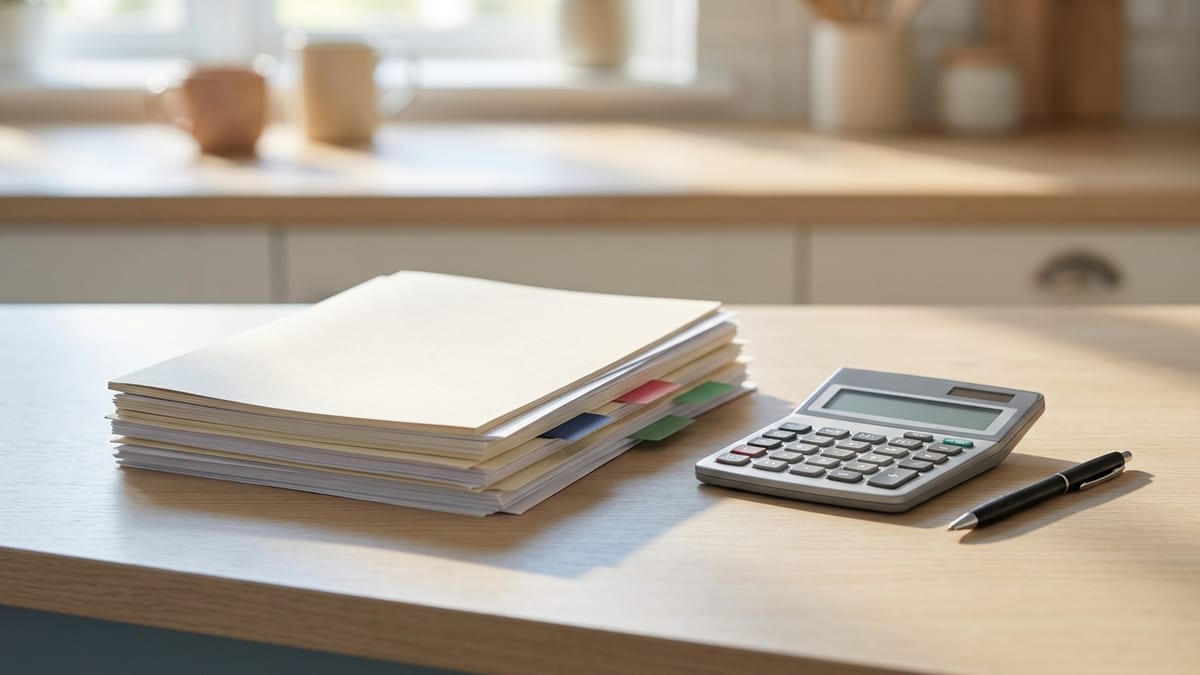A tidy stack of pay stubs and bank statements with coloured index tabs, squared on a kitchen counter beside a calculator and a pen