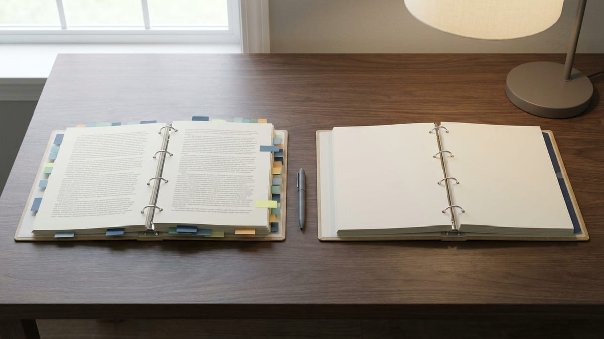 Two open loan-guideline binders side by side on a wooden desk, one heavily tabbed with sticky notes