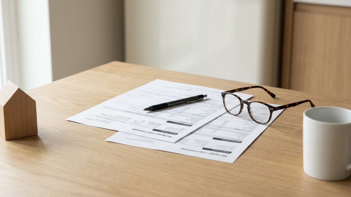 Two mortgage loan estimates laid side by side on a kitchen table with a pen and reading glasses
