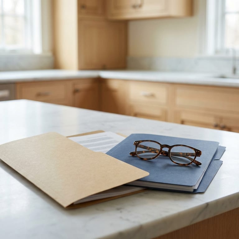 A manila folder and a navy folder overlapping on a white marble counter in a daylit kitchen, reading glasses resting on the navy one