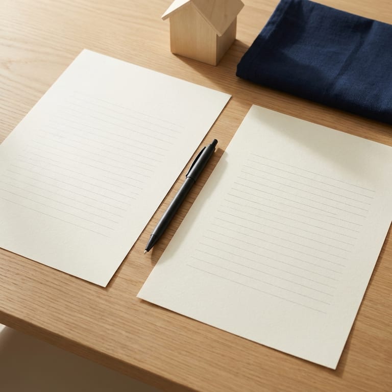 Two printed loan option sheets laid side by side on a pale oak desk, a pen between them and a small wooden model house and folded navy cloth above