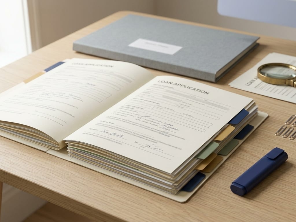 A thick loan file with coloured index tabs open on a pale oak desk, a magnifying glass on a document beside it, a row of paper clips and a navy highlighter