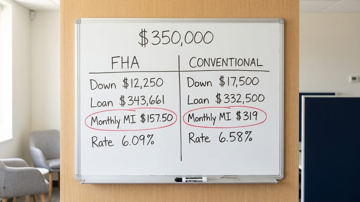A whiteboard showing two columns of handwritten loan figures with the insurance line circled in each