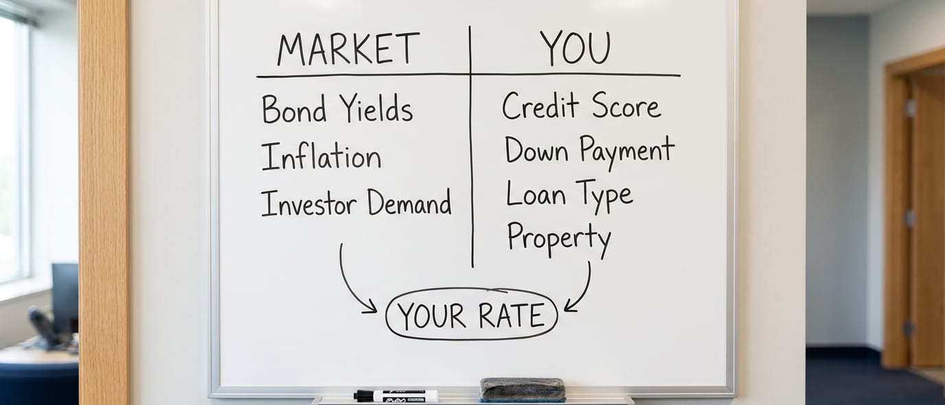 A whiteboard with two handwritten columns listing the market and borrower inputs behind a mortgage rate