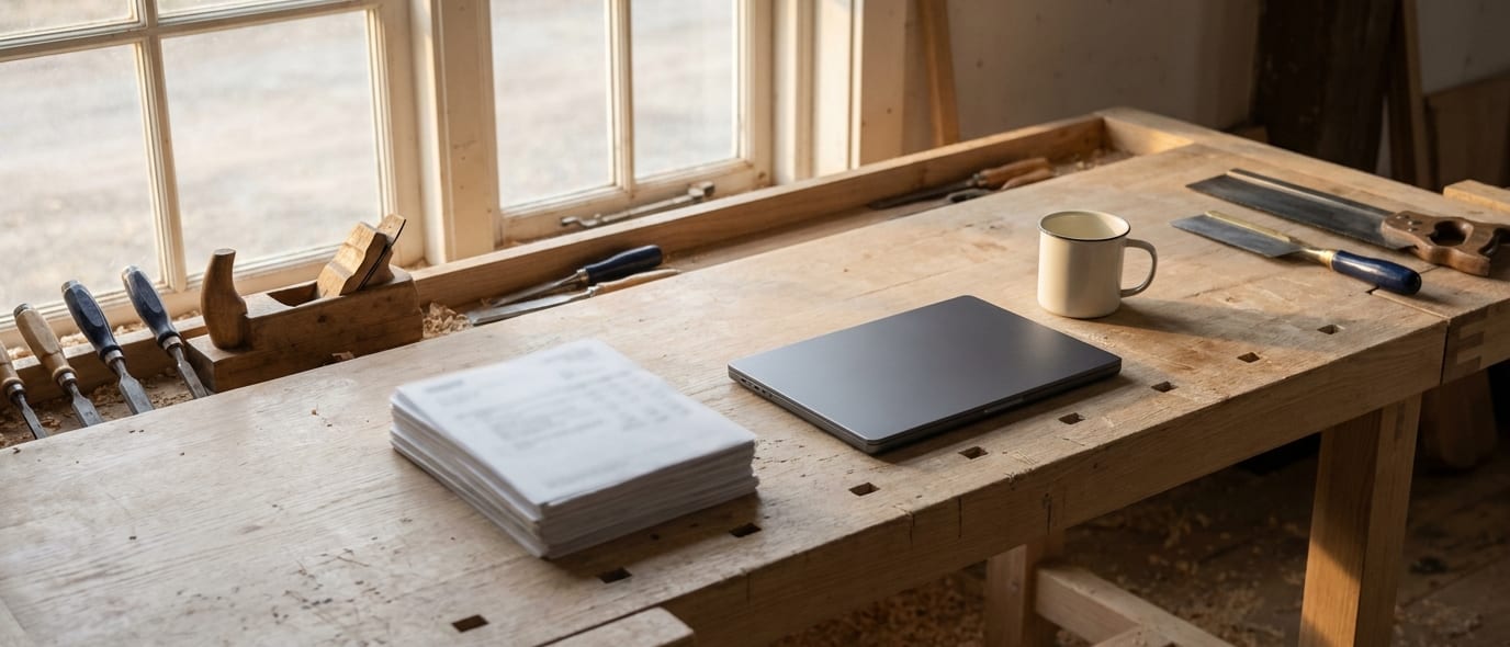 A workbench with two years of tax returns stacked beside a laptop at the end of a working day