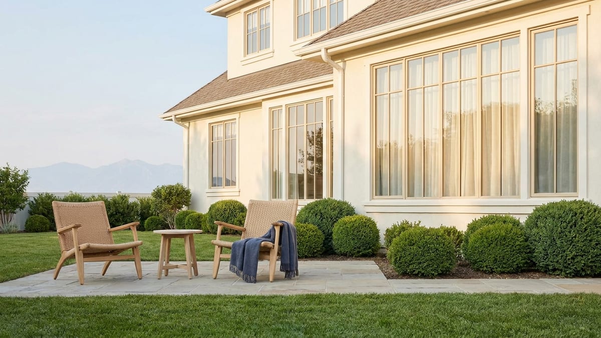 The back garden of a two-storey home in early morning light: a paved patio with two empty chairs, clipped shrubs and a mown lawn