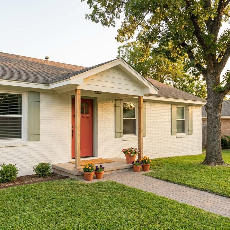 A small single-storey painted-brick house with sage green shutters, a red front door and potted flowers on the porch step