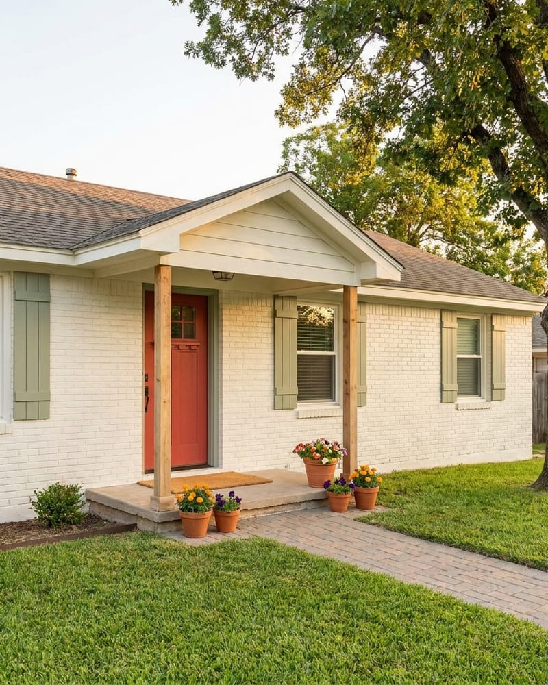 A small single-storey painted-brick house with sage green shutters, a red front door and potted flowers on the porch step