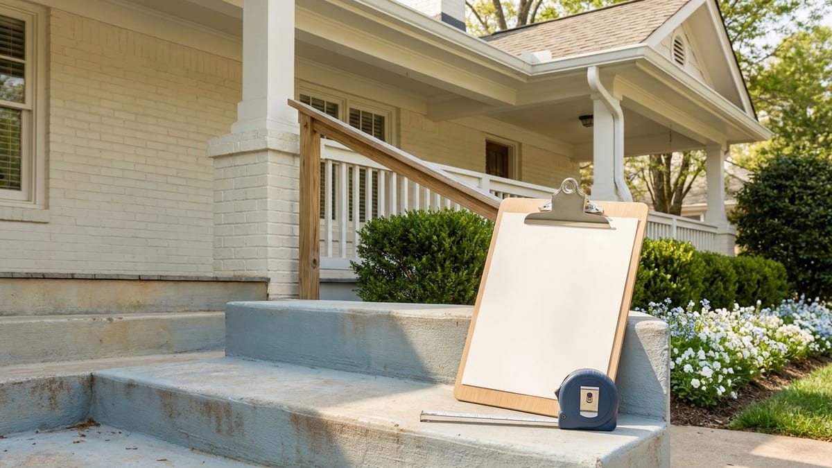 A clipboard and a steel tape measure resting on the front steps of a painted-brick bungalow, its porch column, gutter and roofline behind them