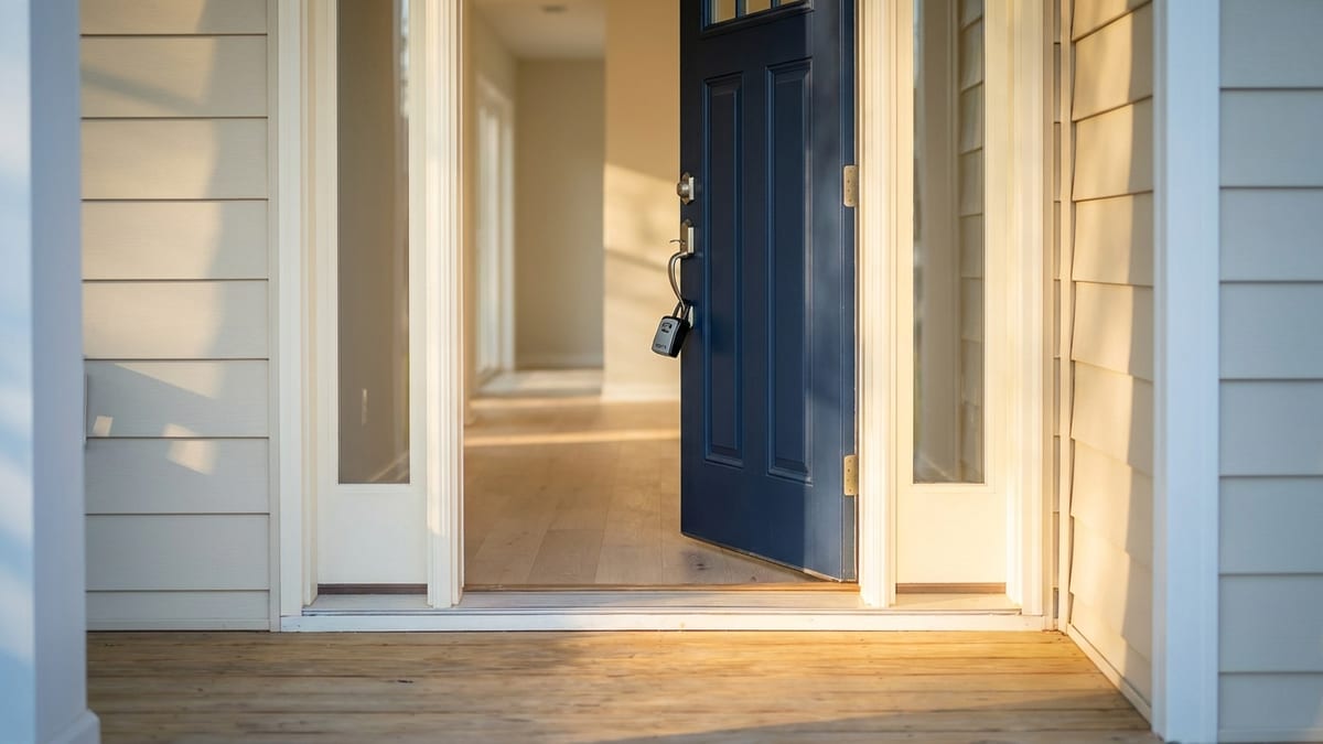 The navy front door of a home standing open, a lockbox on the handle and afternoon sun falling across the porch into the entry