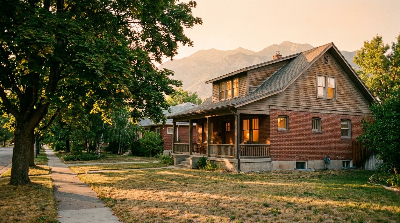 A home with a covered front porch on a Salt Lake Valley street in late-afternoon light