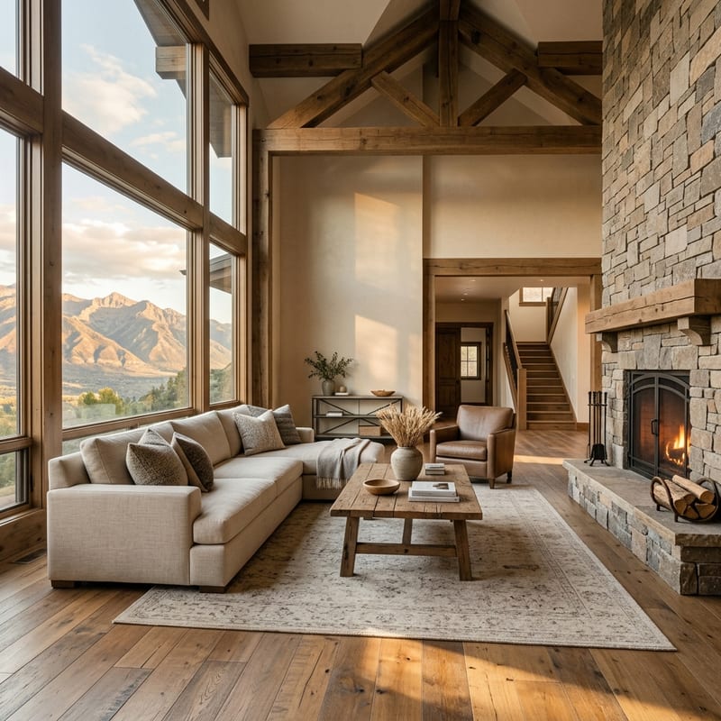 The great room of a large timber-and-stone home at golden hour: double-height windows framing the Wasatch mountains, a stone fireplace, a linen sectional and a wool rug on wide oak floors