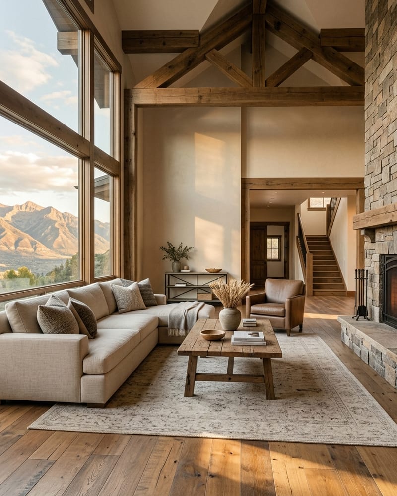 The great room of a large timber-and-stone home at golden hour: double-height windows framing the Wasatch mountains, a stone fireplace, a linen sectional and a wool rug on wide oak floors