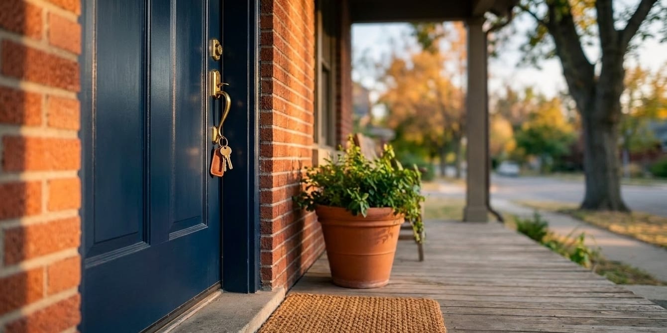House keys left hanging in the lock of a navy front door on the brick porch of a Utah home in late-afternoon light