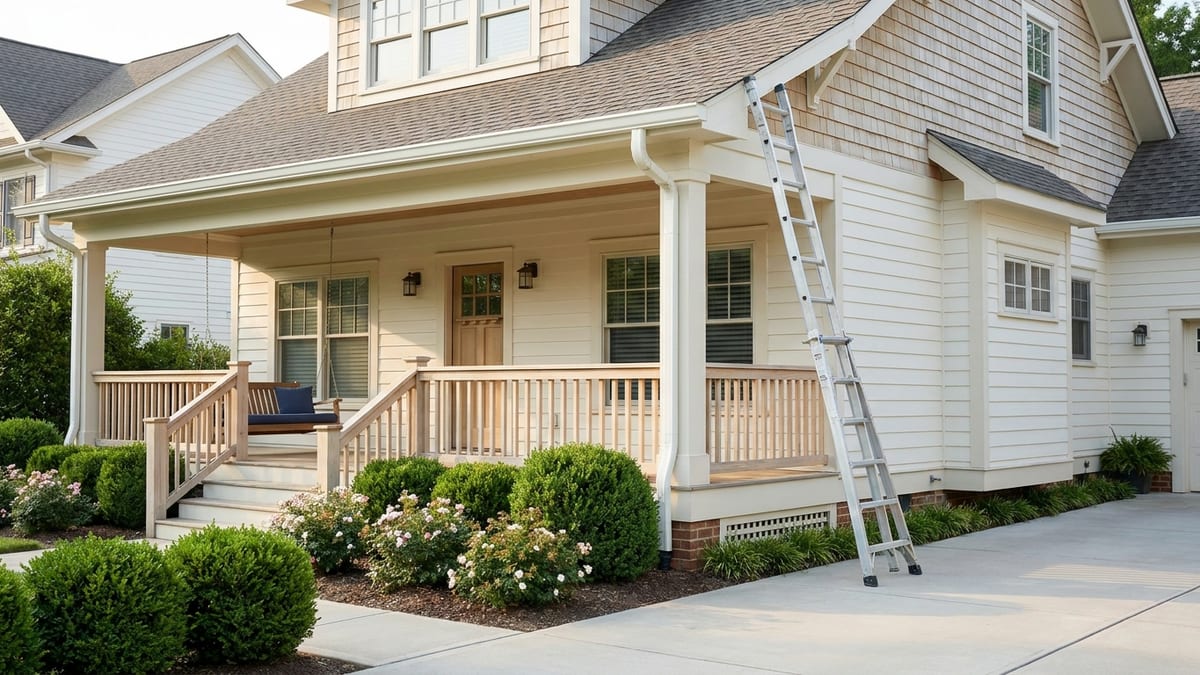 An aluminium ladder leaning against the eaves of a cream clapboard home with a deep covered porch, seen from the driveway in morning light