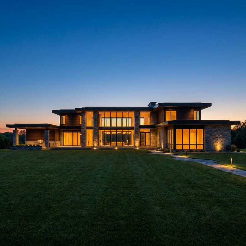 A large modern stone and timber house at dusk with its full-height windows lit warm, seen across a mown lawn