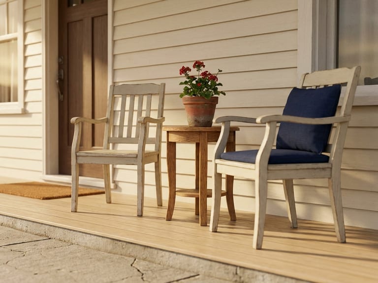 Two weathered wooden chairs and a small side table with a pot of geraniums on the covered front porch of a cream clapboard home