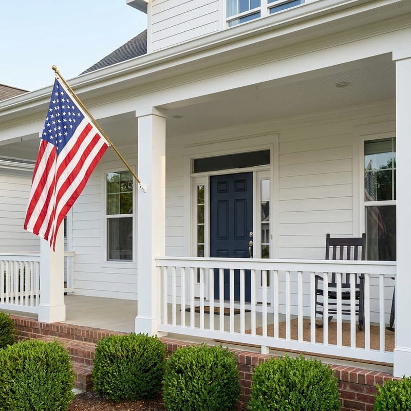 A United States flag on a brass pole beside the white covered porch and navy front door of a home
